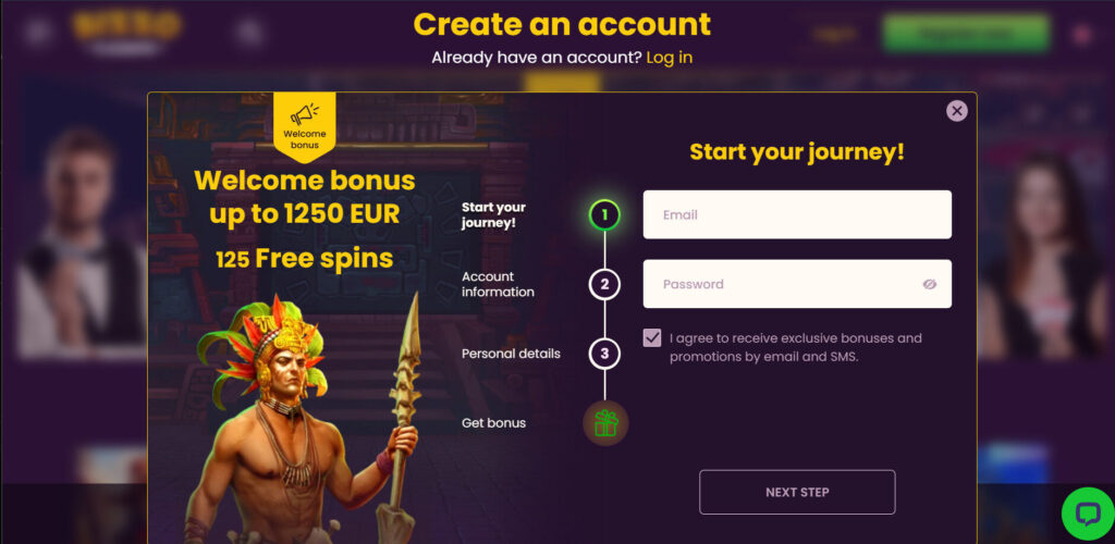Registreringsformulär för Curacao-casino med välkomstbonus och free spins