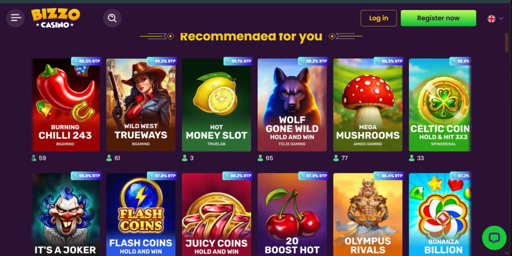 Spelutbud på Bizzo Casino med rekommenderade slots som Wolf Gone Wild och Mega Mushrooms med höga RTP-värden