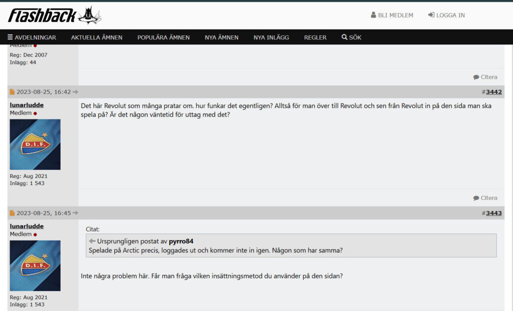 Svenska spelares diskussion om casinon på Flashback Forum med frågor om betalningsmetoder och uttag