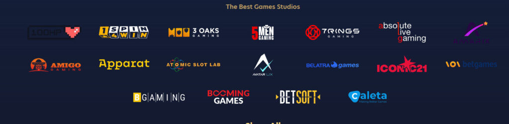 Ledande speltillverkare hos casinot, inklusive Betsoft, Booming Games och Absolute Live Gaming